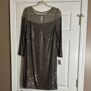 Sequined Mesh Yoke Cocktail Dress - Taupe